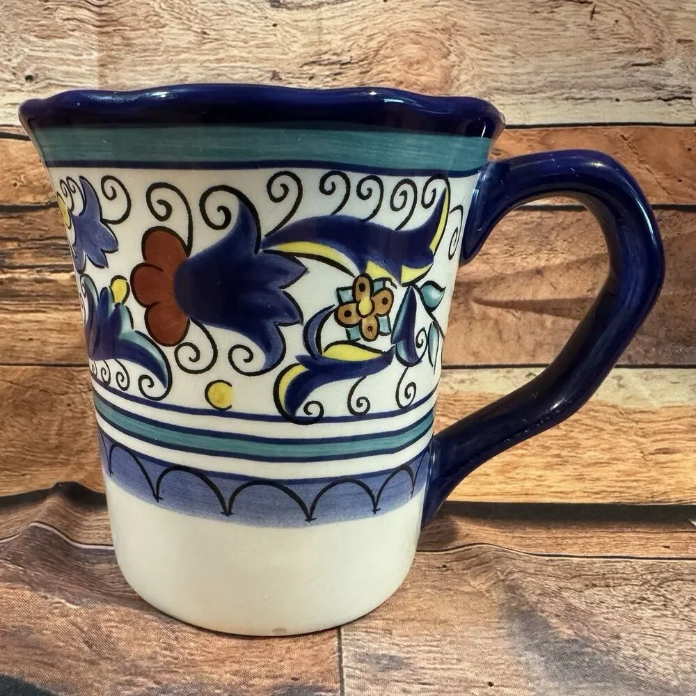 Pier 1 San Marino Coffee Mug Hand Painted Earthenware Blue Floral Flawed Base